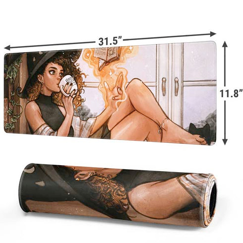 Cozy Autumn Library Witch with Cat and Coffee by Ivy Dolamore Gaming Mouse Pad